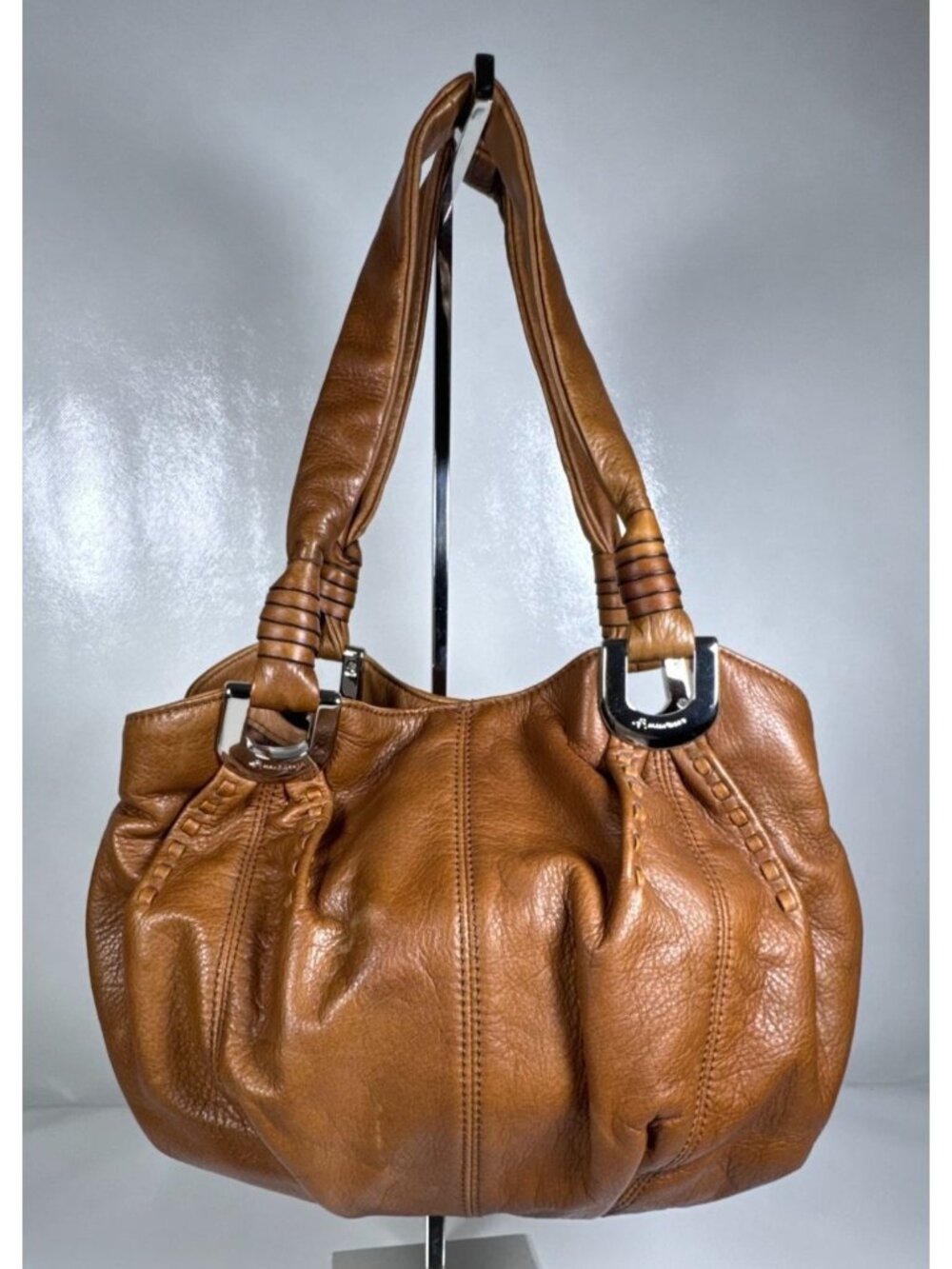B. Makowsky Cognac Brown Leather Slouchy Hobo Shoulder Bag Purse